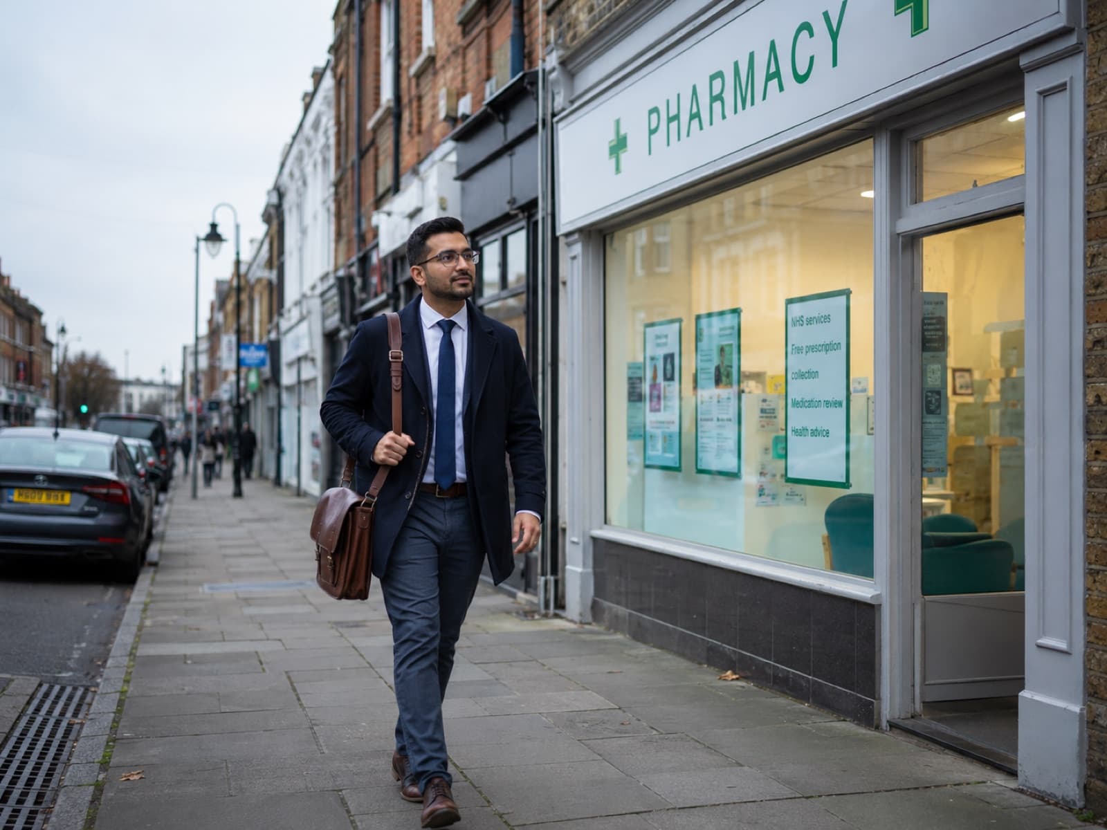 A pharmacist in a suit and tie walking along a UK high street past a community pharmacy